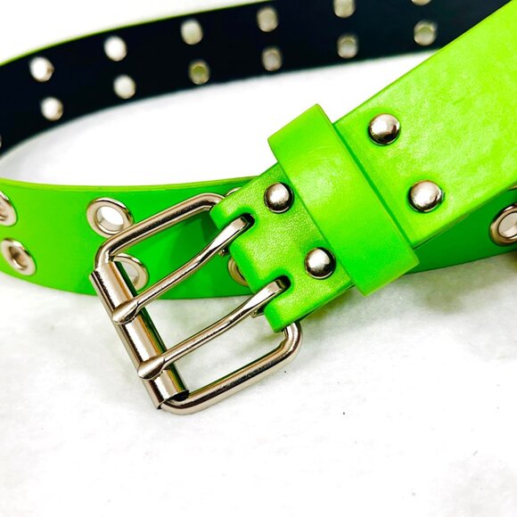 Double Grommet Green Faux Leather Belt 2-Row Studded Unisex XL - Like New - Picture 5 of 7
